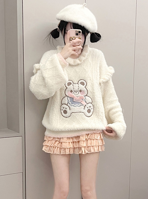 Apricot Sweet Girl Plush Autumn Winter Warm Cartoon Embroidery Kawaii Fashion Loose Lantern Sleeves Bear Sweater