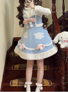 Soft Girl Sanrio Collaboration Big Eared Dog Cartoon Embroidery Kawaii Fashion Cute Blue Woolen Sleeveless Dress