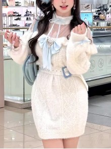 Landmine Girl Y2K Kawaii Fashion White Sexy Lace Off Shoulder Long Plush Sweater Dress