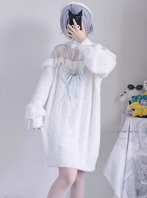 Landmine Girl Y2K Kawaii Fashion White Sexy Lace Off Shoulder Long Plush Sweater Dress