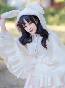 Autumn Winter Warm Thick Fleece Kawaii Sweet Lolita Cute Girl White Bunny Ears Cape