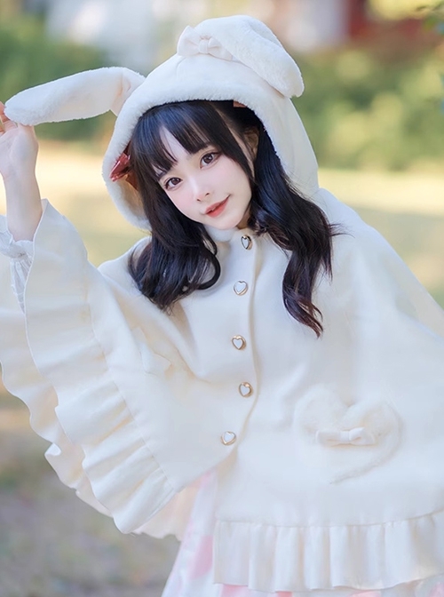 Autumn Winter Warm Thick Fleece Kawaii Sweet Lolita Cute Girl White Bunny Ears Cape