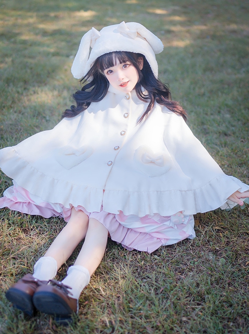 Autumn Winter Warm Thick Fleece Kawaii Sweet Lolita Cute Girl White Bunny Ears Cape