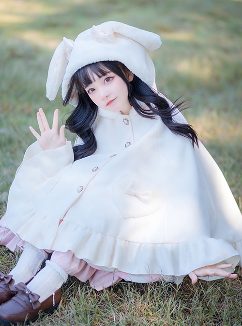 Autumn Winter Warm Thick Fleece Kawaii Sweet Lolita Cute Girl White Bunny Ears Cape