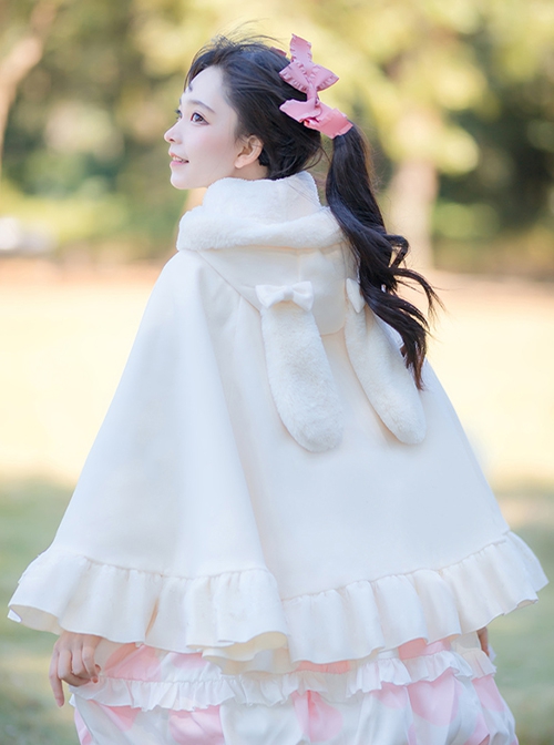 Autumn Winter Warm Thick Fleece Kawaii Sweet Lolita Cute Girl White Bunny Ears Cape