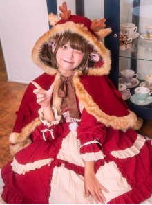 Christmas Elk Fall Winter New Year Red Sweet Lolita Cute Versatile Burgundy Woolen Cape