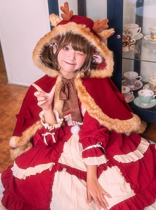 Christmas Elk Fall Winter New Year Red Sweet Lolita Cute Versatile Burgundy Woolen Cape