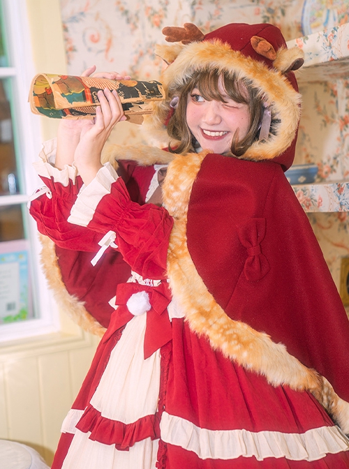 Christmas Elk Fall Winter New Year Red Sweet Lolita Cute Versatile Burgundy Woolen Cape