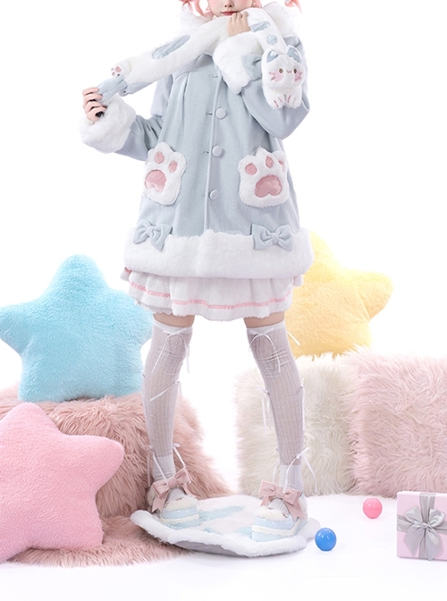 Fall Winter Sweet Cute Soft Girl Kawaii Fashion Lolita Warm Cat Paw Pocket Woolen Coat