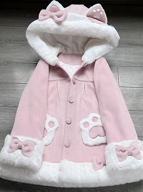 Fall Winter Sweet Cute Soft Girl Kawaii Fashion Lolita Warm Cat Paw Pocket Woolen Coat