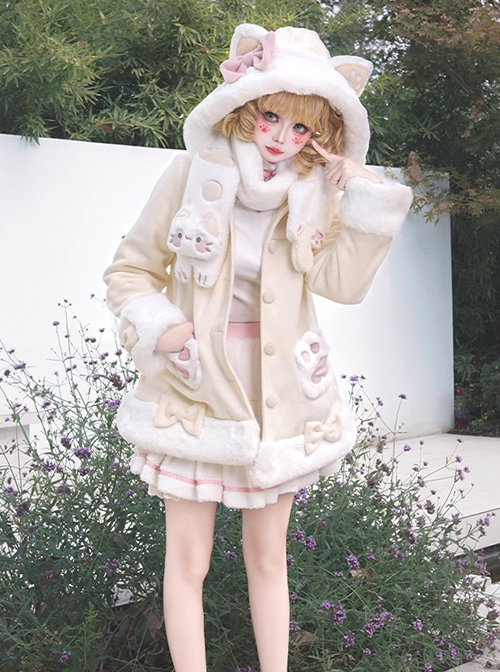 Fall Winter Sweet Cute Soft Girl Kawaii Fashion Lolita Warm Cat Paw Pocket Woolen Coat