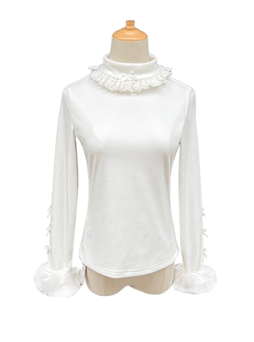 Soft Warm German Fleece Sweet Lolita Ruffles Lace Bowknot Long Sleeve Fur Edge Turtleneck