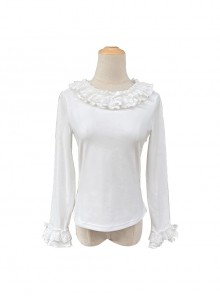 Versatile Soft Warm Winter German Fleece Sweet Lolita Long Sleeve Ruffled Round Neckline Shirt