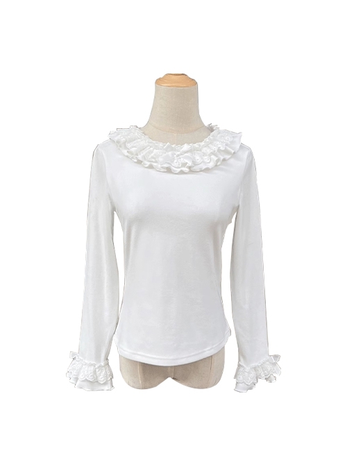 Versatile Soft Warm Winter German Fleece Sweet Lolita Long Sleeve Ruffled Round Neckline Shirt