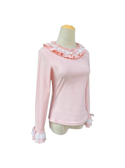 Versatile Soft Warm Winter German Fleece Sweet Lolita Long Sleeve Ruffled Round Neckline Shirt