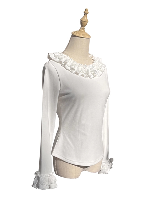 Versatile Soft Warm Winter German Fleece Sweet Lolita Long Sleeve Ruffled Round Neckline Shirt