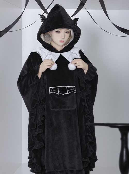 Ghost Series Gothic Cobweb Black Flaw Fashion Warm Fit Lolita Lapel Long Woolen Coat Cape