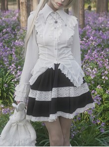 Dreamer Series Cross Pendant Elegant Lace Ouji Slim Fit Gothic Lolita Ruffles Long Sleeve Shirt