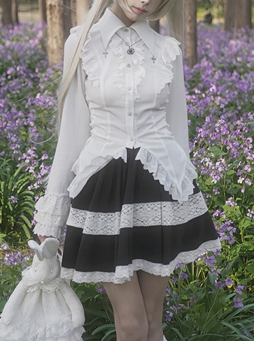 Dreamer Series Cross Pendant Elegant Lace Ouji Slim Fit Gothic Lolita Ruffles Long Sleeve Shirt