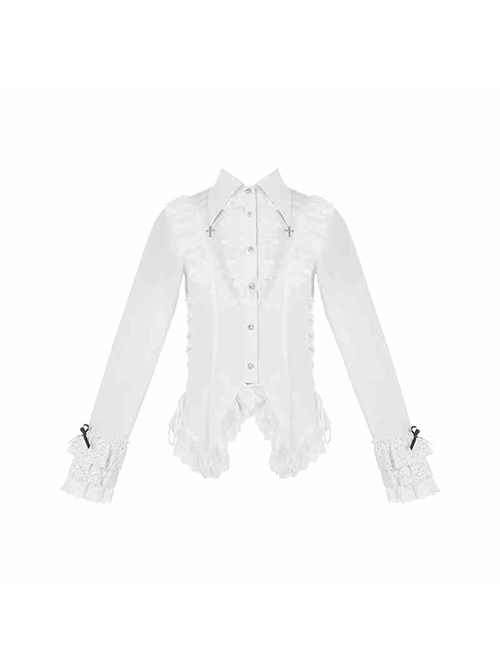 Dreamer Series Cross Pendant Elegant Lace Ouji Slim Fit Gothic Lolita Ruffles Long Sleeve Shirt