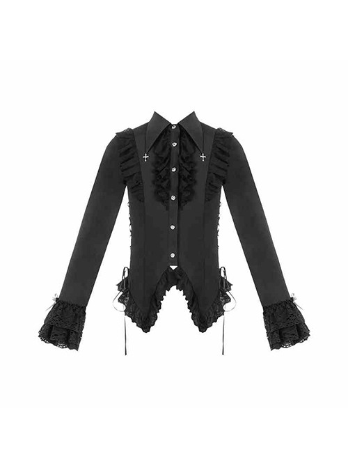 Dreamer Series Cross Pendant Elegant Lace Ouji Slim Fit Gothic Lolita Ruffles Long Sleeve Shirt