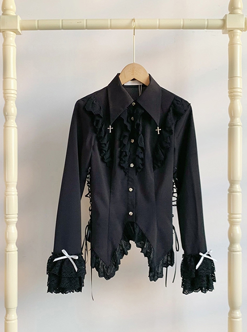 Dreamer Series Cross Pendant Elegant Lace Ouji Slim Fit Gothic Lolita Ruffles Long Sleeve Shirt