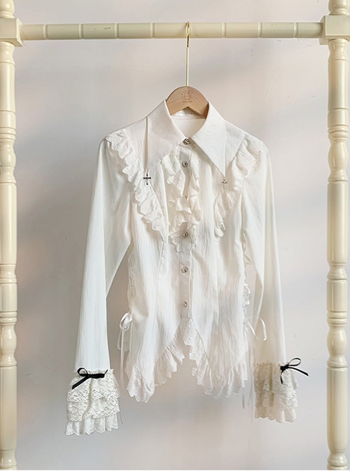 Dreamer Series Cross Pendant Elegant Lace Ouji Slim Fit Gothic Lolita Ruffles Long Sleeve Shirt