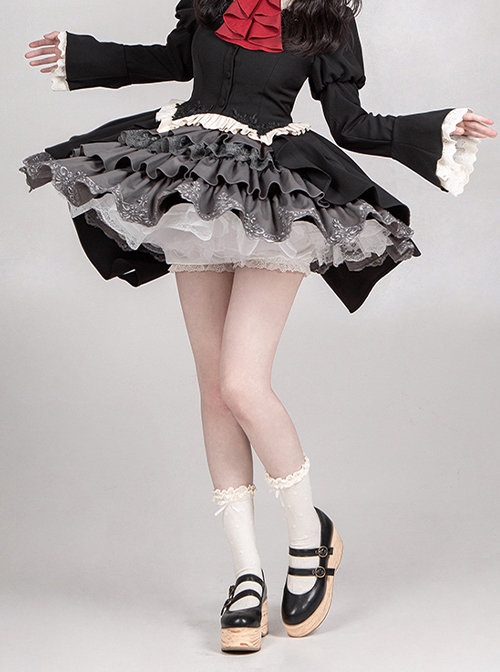 Eternal Night Banquet Series Sweet Cool Cute Lace Embroidery Gothic Lolita Gray Ruffle Fluffy Ballet Short Skirt