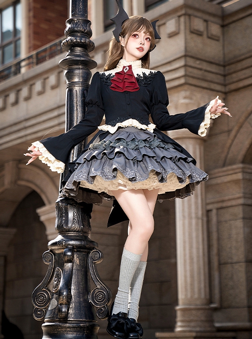 Eternal Night Banquet Series Sweet Cool Cute Lace Embroidery Gothic Lolita Gray Ruffle Fluffy Ballet Short Skirt