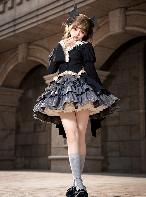 Eternal Night Banquet Series Sweet Cool Cute Lace Embroidery Gothic Lolita Gray Ruffle Fluffy Ballet Short Skirt