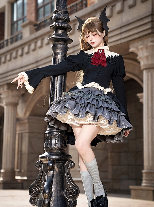 Eternal Night Banquet Series Sweet Cool Cute Lace Embroidery Gothic Lolita Gray Ruffle Fluffy Ballet Short Skirt