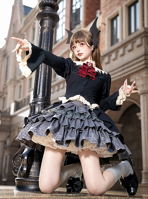 Eternal Night Banquet Series Sweet Cool Cute Lace Embroidery Gothic Lolita Gray Ruffle Fluffy Ballet Short Skirt