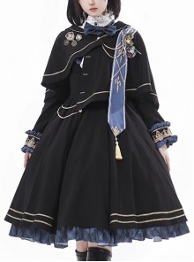 Dawn Series Elegant Exquisite Navy Blue School Lolita Long Sleeves Dress Asymmetric Design Cape Ribbon Badges Set