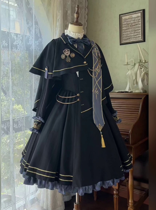 Dawn Series Elegant Exquisite Navy Blue School Lolita Long Sleeves Dress Asymmetric Design Cape Ribbon Badges Set