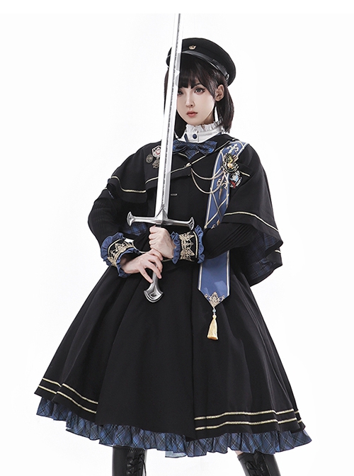 Dawn Series Elegant Exquisite Navy Blue School Lolita Long Sleeves Dress Asymmetric Design Cape Ribbon Badges Set