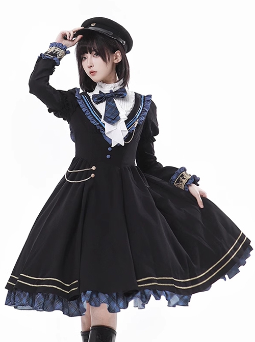 Dawn Series Elegant Exquisite Navy Blue School Lolita Long Sleeves Dress Asymmetric Design Cape Ribbon Badges Set