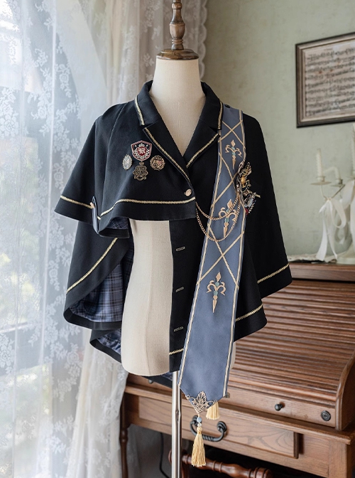 Dawn Series Elegant Exquisite Navy Blue School Lolita Long Sleeves Dress Asymmetric Design Cape Ribbon Badges Set