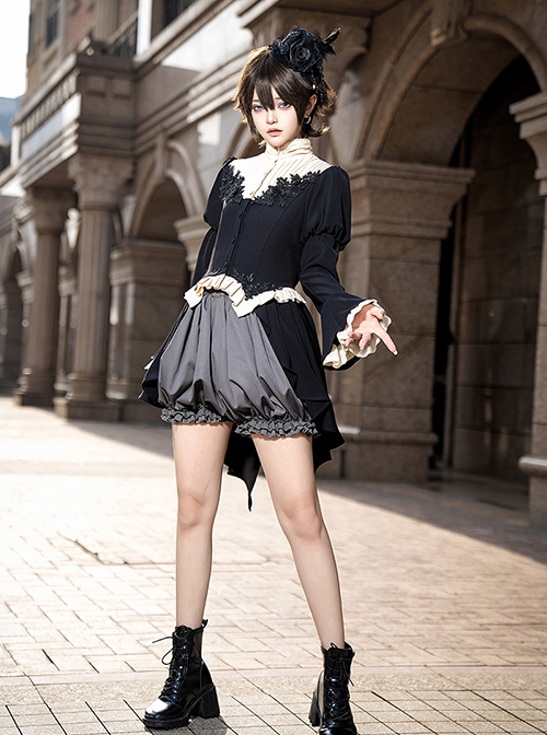 Eternal Night Banquet Series Gothic Style Ouji Fashion Gray Retro Ruffle Fluffy Lantern Short Pants