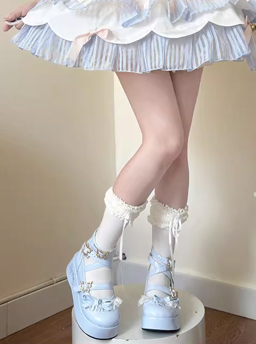 Stylish Sweet Retro Lace Ribbon Bowknot Cross Straps Sweet Lolita Mary Jane PU Platform Shoes