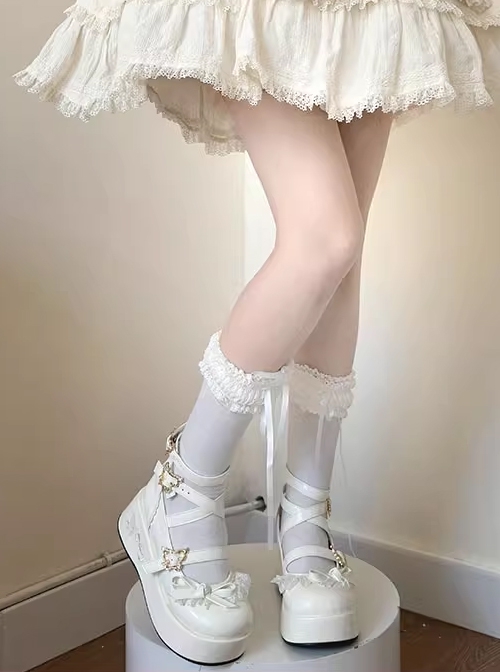 Stylish Sweet Retro Lace Ribbon Bowknot Cross Straps Sweet Lolita Mary Jane PU Platform Shoes