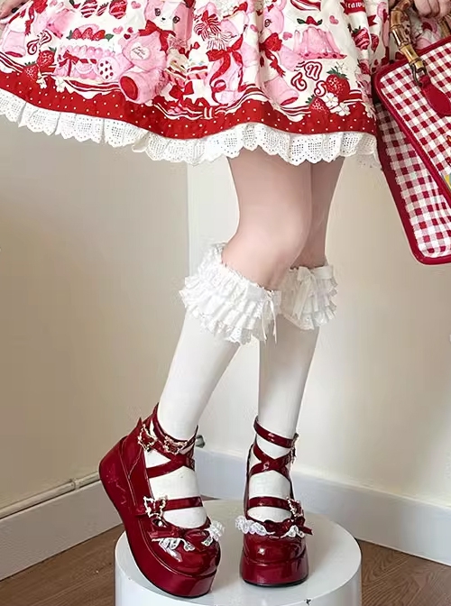 Stylish Sweet Retro Lace Ribbon Bowknot Cross Straps Sweet Lolita Mary Jane PU Platform Shoes