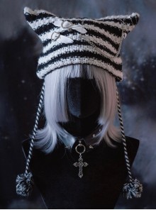 Subculture Gothic Lolita Black White Stripe Cat Ears Grotesque Punk Knitted Hat