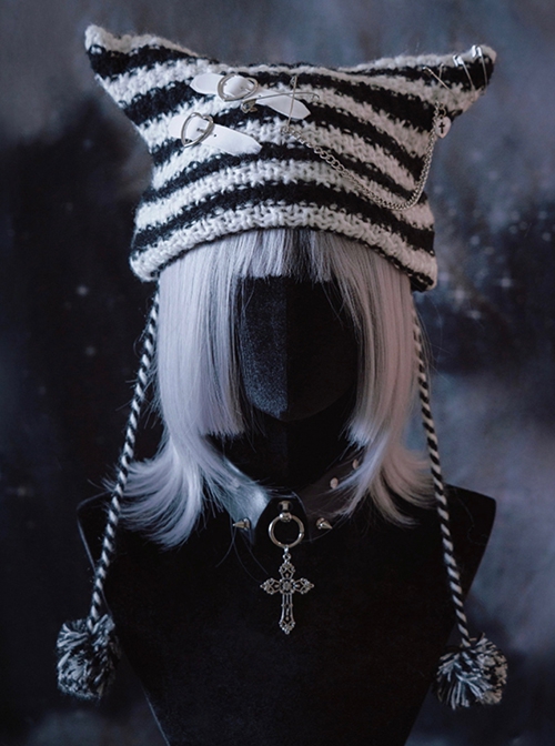 Subculture Gothic Lolita Black White Stripe Cat Ears Grotesque Punk Knitted Hat