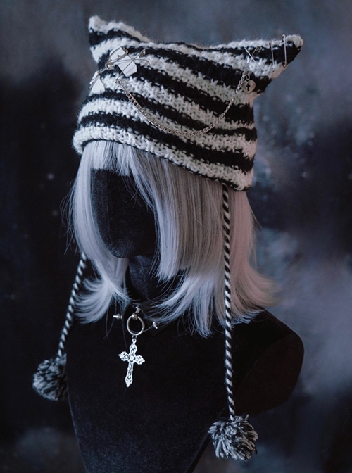 Subculture Gothic Lolita Black White Stripe Cat Ears Grotesque Punk Knitted Hat