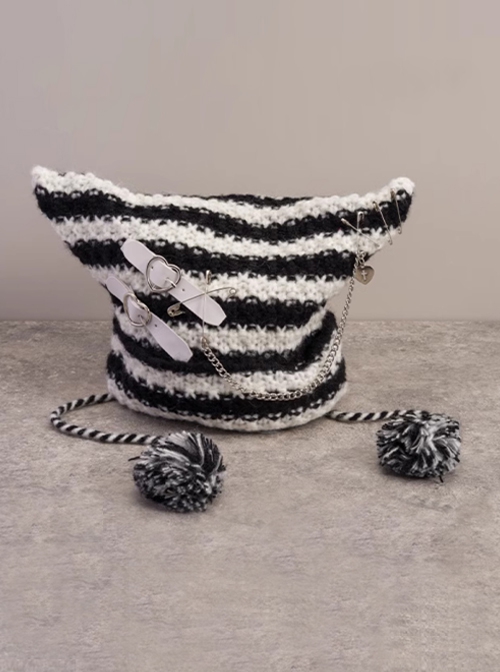 Subculture Gothic Lolita Black White Stripe Cat Ears Grotesque Punk Knitted Hat