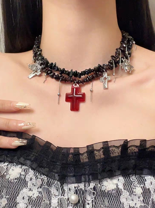 Y2K Versatile Gothic Punk Lolita Metal Texture Layers Red Cross Pendant Necklace