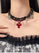 Y2K Versatile Gothic Punk Lolita Metal Texture Layers Red Cross Pendant Necklace