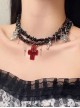 Y2K Versatile Gothic Punk Lolita Metal Texture Layers Red Cross Pendant Necklace