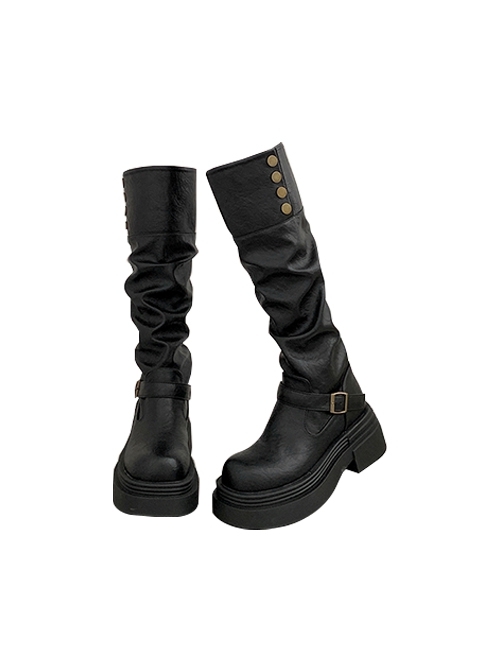 Handsome Versatile Daily Punk Gothic Wrinkled Texture Thick Sole Long Knight Biker Boots