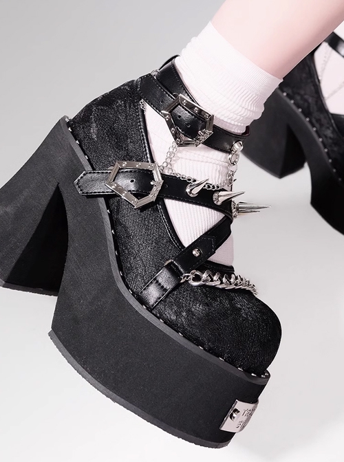 Dark Rose Witch Series Metallic Rivet Chain Sexy Lace Round Toe Gothic Punk Lolita High Heel Shoes